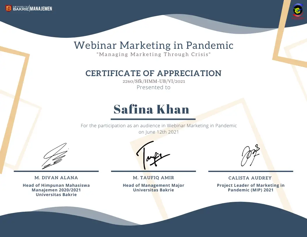 Certificate of Appreciation — Webinar Marketing in Pandemic: Managing Marketing Through Crisis