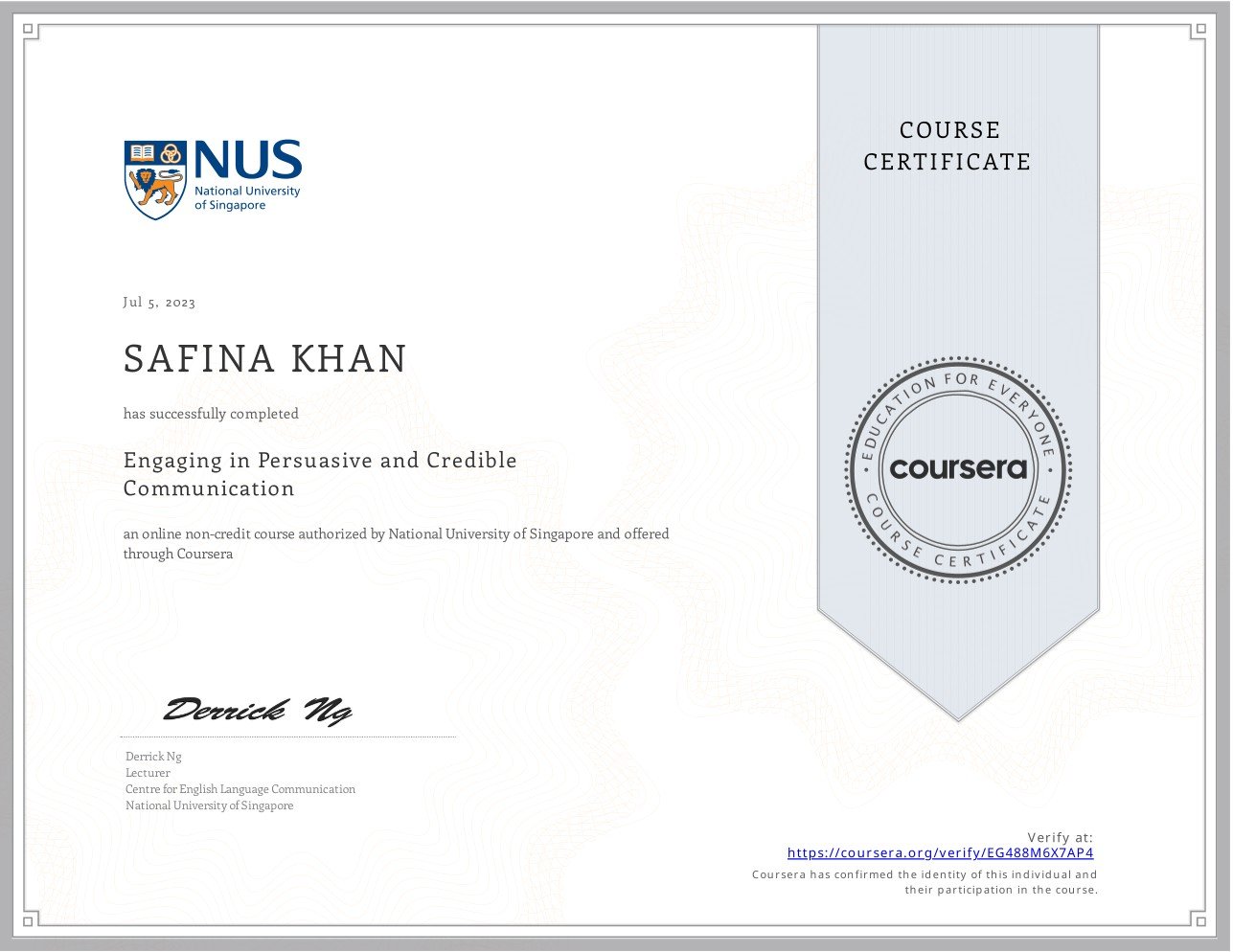 NUS Course Certificate — Engaging in Persuasive and Credible Communication