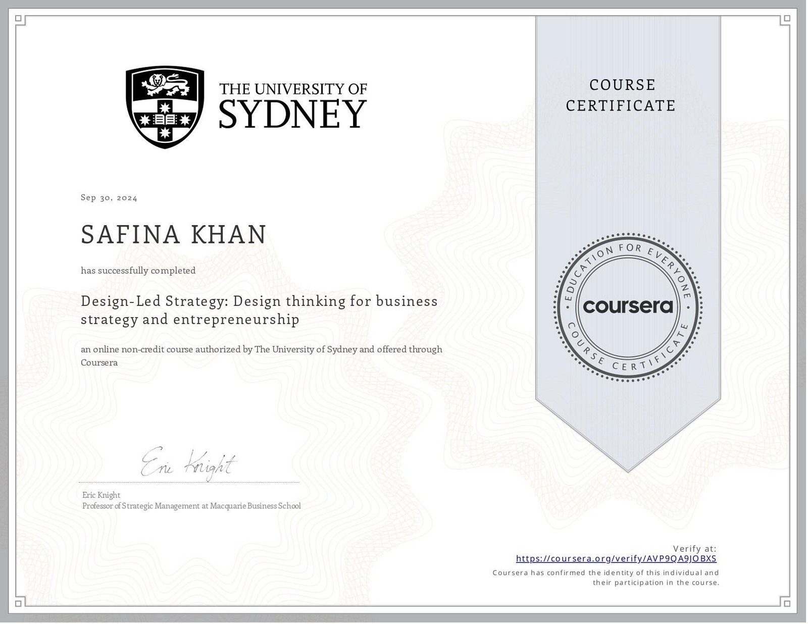 University of Sydney Course Certificate — Design-Led Strategy: Design thinking for business strategy and entrepreneurship